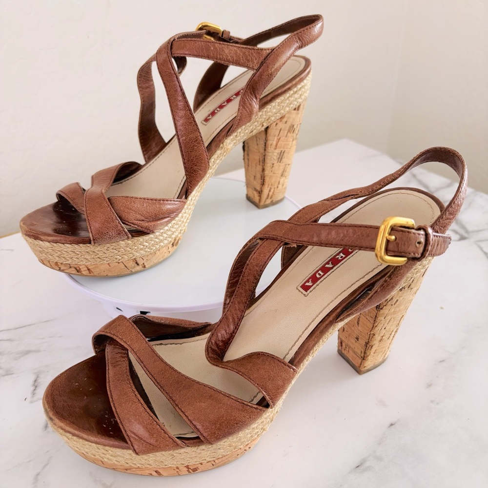 Prada Authentic Women’s Brown Strappy Sandals Cork Style Heel Size IT 38 or US 8 - Picture 2 of 10